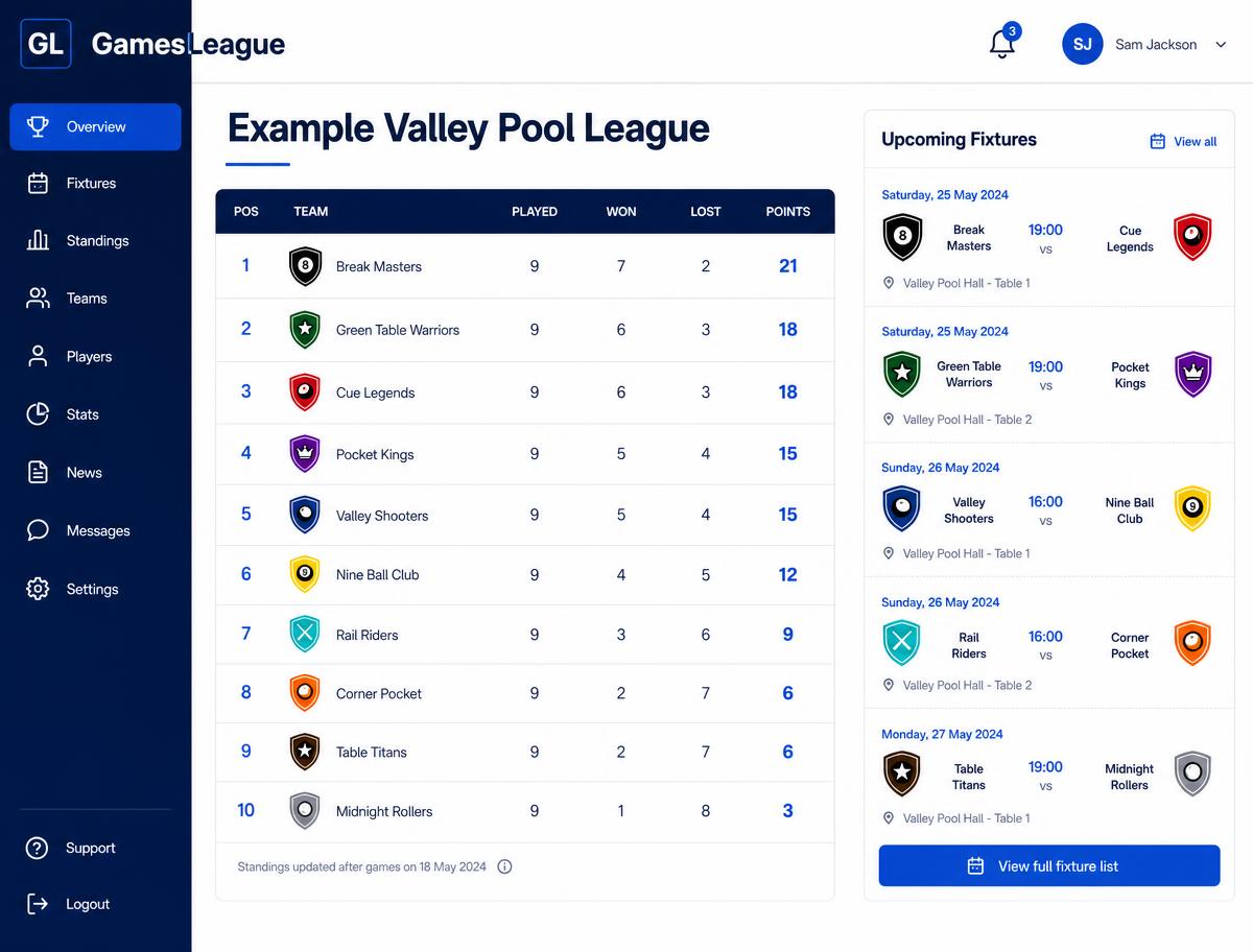 GamesLeague desktop dashboard showing an example league table and upcoming fixtures